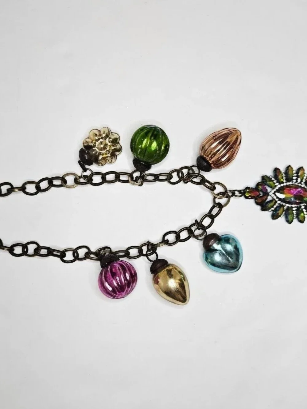 Vintage Style Holiday Charm Necklace Christmas Bulbs AB Rhinestone Brass Tone